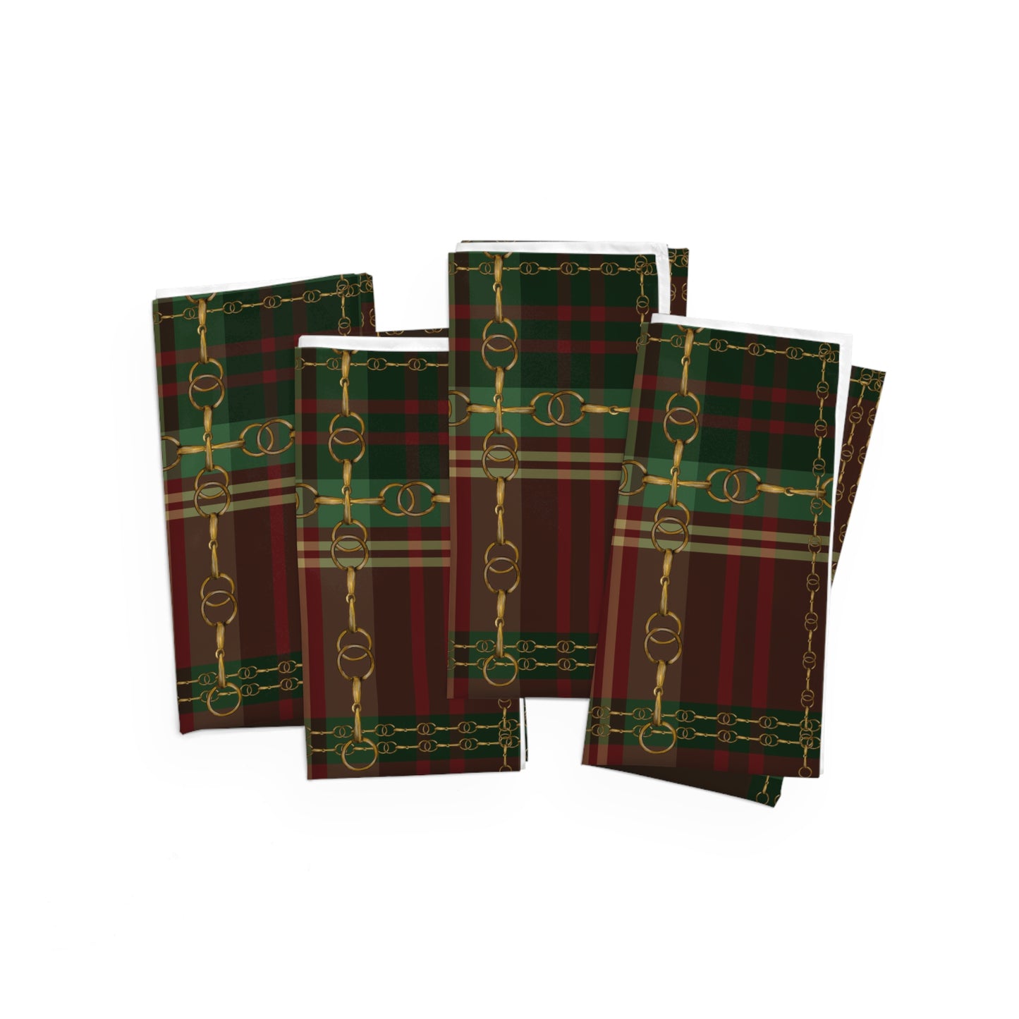 Christmas Plaid Fox and Hound Hunter Green Plaid with silver Bits and Reins Artwork Rustic Christmas Napkins (Set of 4)