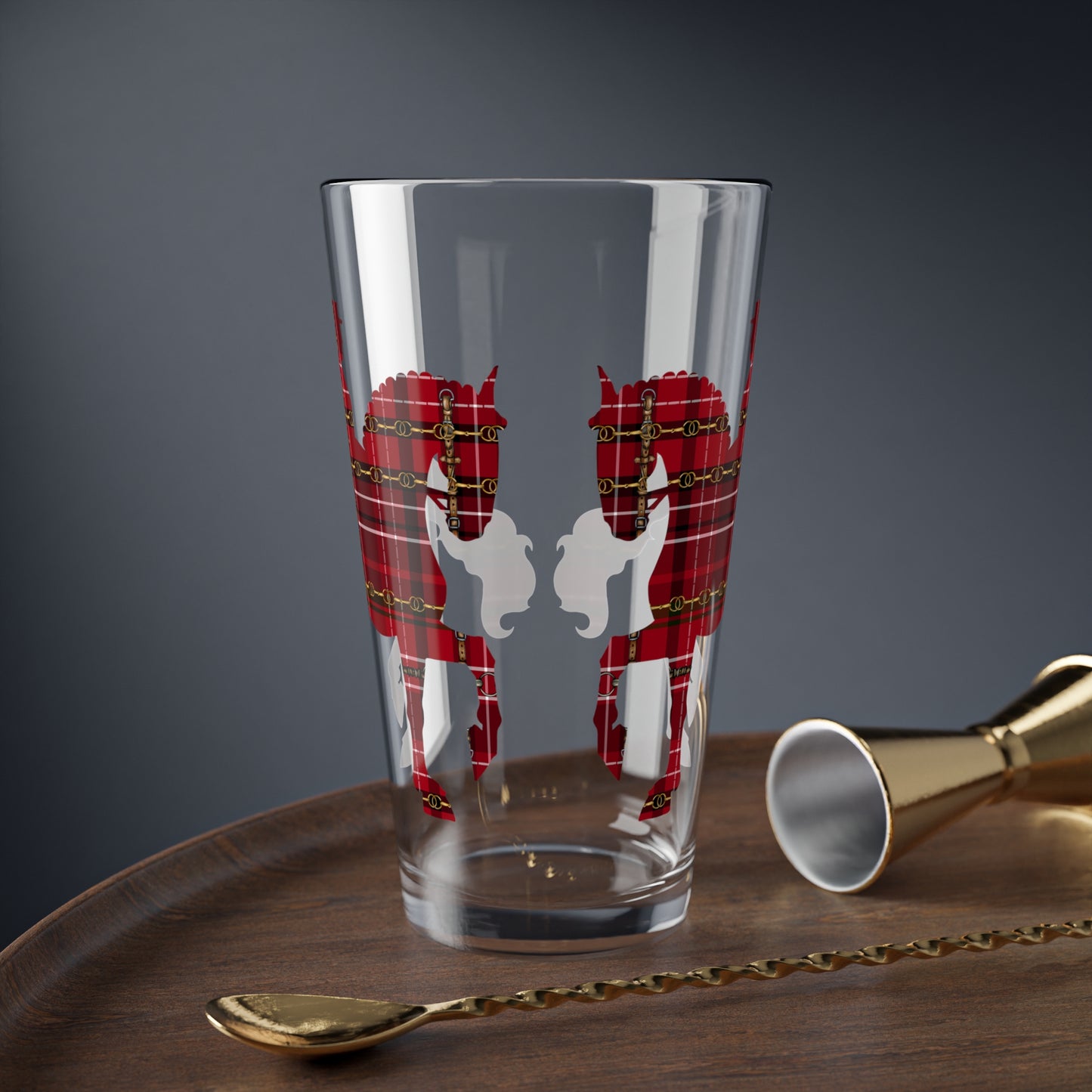 Equestrian Dressage Christmas Red Snaffle Bit Plaid Mixing Glass, 16oz