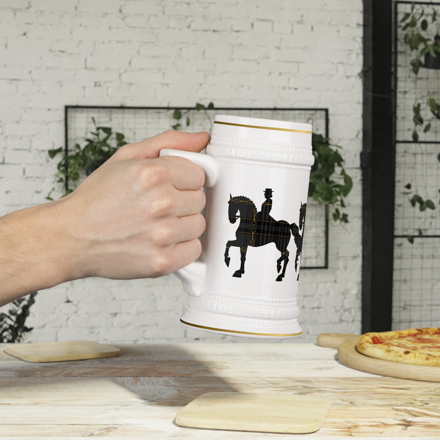 Dressage Horse Piaffe Plaid Design Stein Mug trademark pending