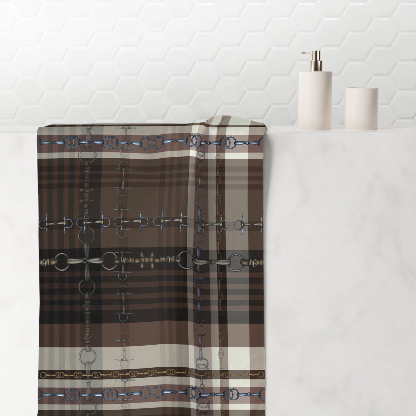 Brown Plaid with my snaffle Bit and reins Artwork Horse Luxury Bath Towel