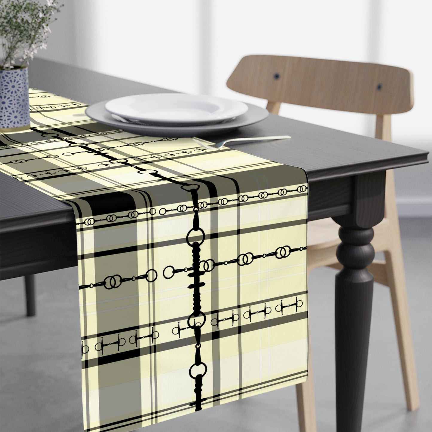 Equestrian Black Cream Ivory plaid with Bit design artwork overlay Motif Table Runner Trademark Pending