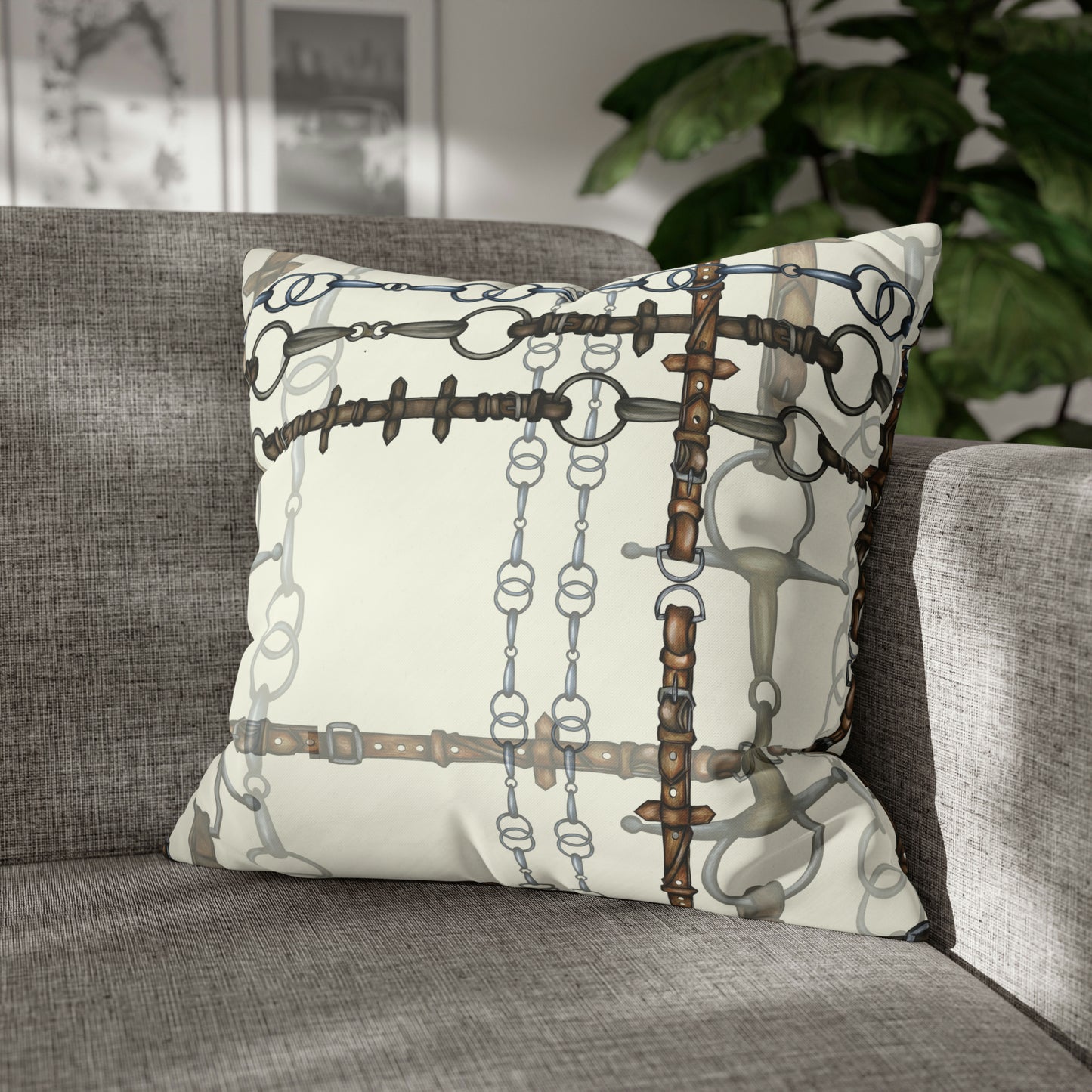 Ivory Double sided equestrian bit pattern Polyester PILLOW CASE Pillow Cover Provide your own insert
