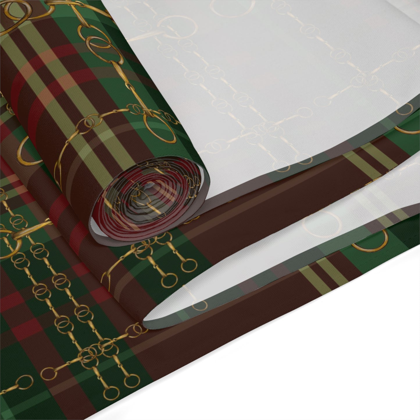 Equestrian Christmas Red Green plaid with Gold Bit design artwork overlay Motif Table Runner Trademark Pending