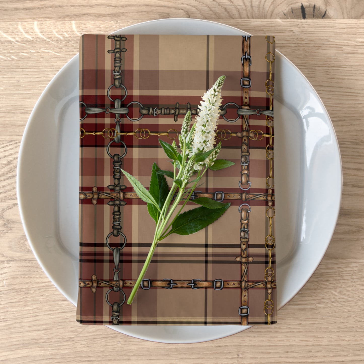 Country Red Tan Equestrian Plaid with Bits , Reins and Straps My Artwork Napkins (Set of 4) matching Runner Available