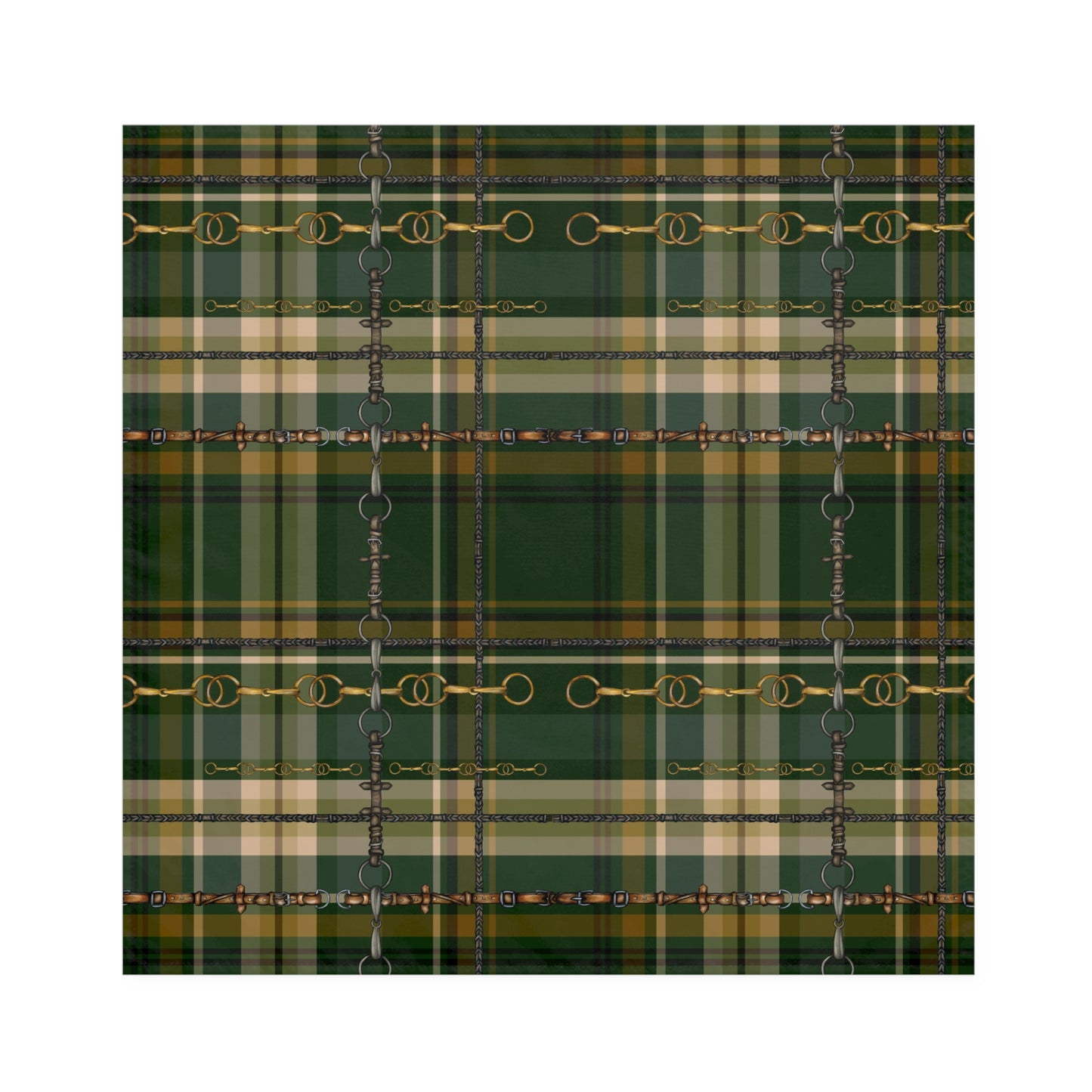 Fox and Hound Hunter Green Plaid with silver Bits and Reins Artwork Rustic Christmas Napkins (Set of 4) matching Runner