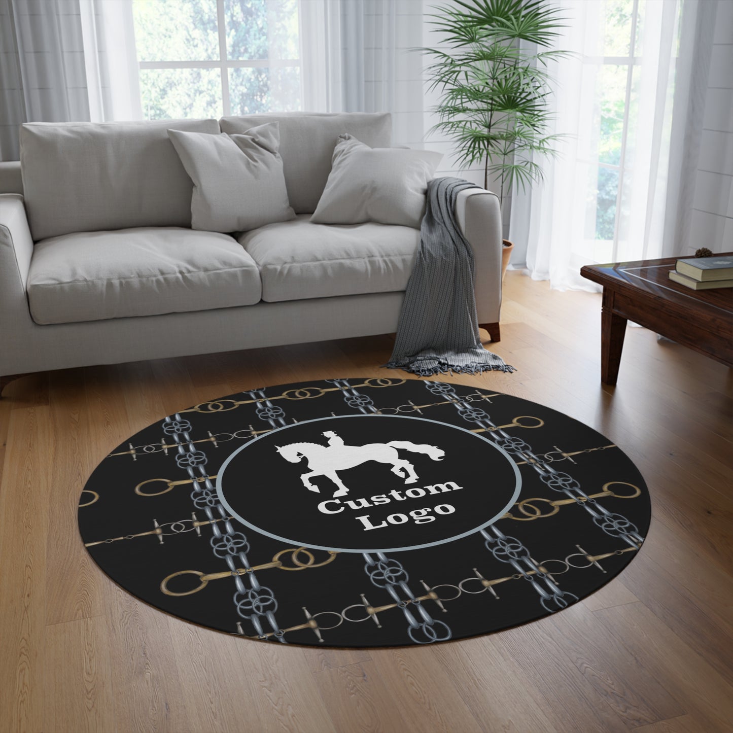 Customizable Black Minimalistic Equestrian Bit Round Rug