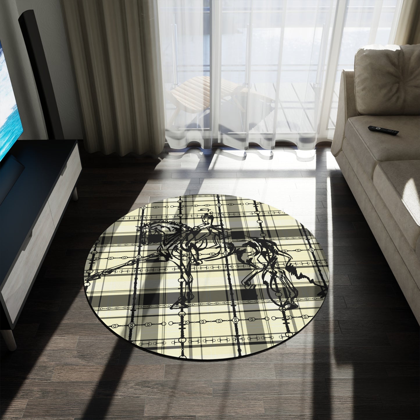 Dressage Plaid Equestrian Art Round Rug. Western Horse Original Art Rug. Show Stall Rug Home Decor