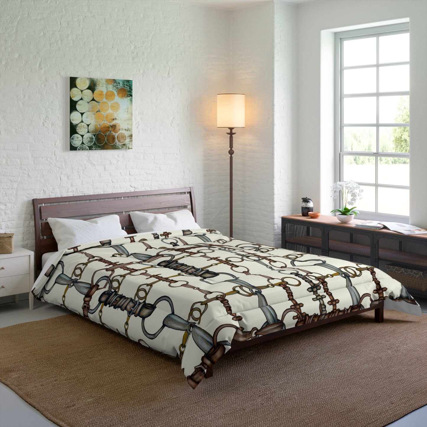 Snaffle Bit Motif Art Comforter. Equestrian Bit and Reins art Comforter