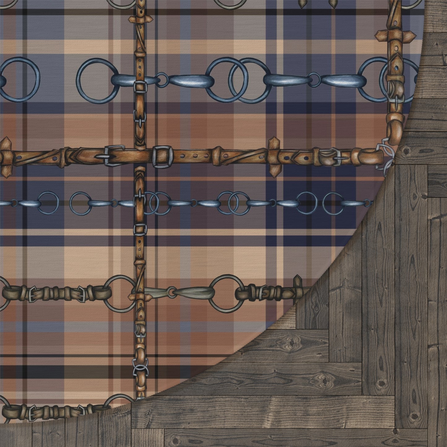 Blue Plaid Equestrian Art Round Rug. Original Art Rug. Show Stall Rug Home Decor