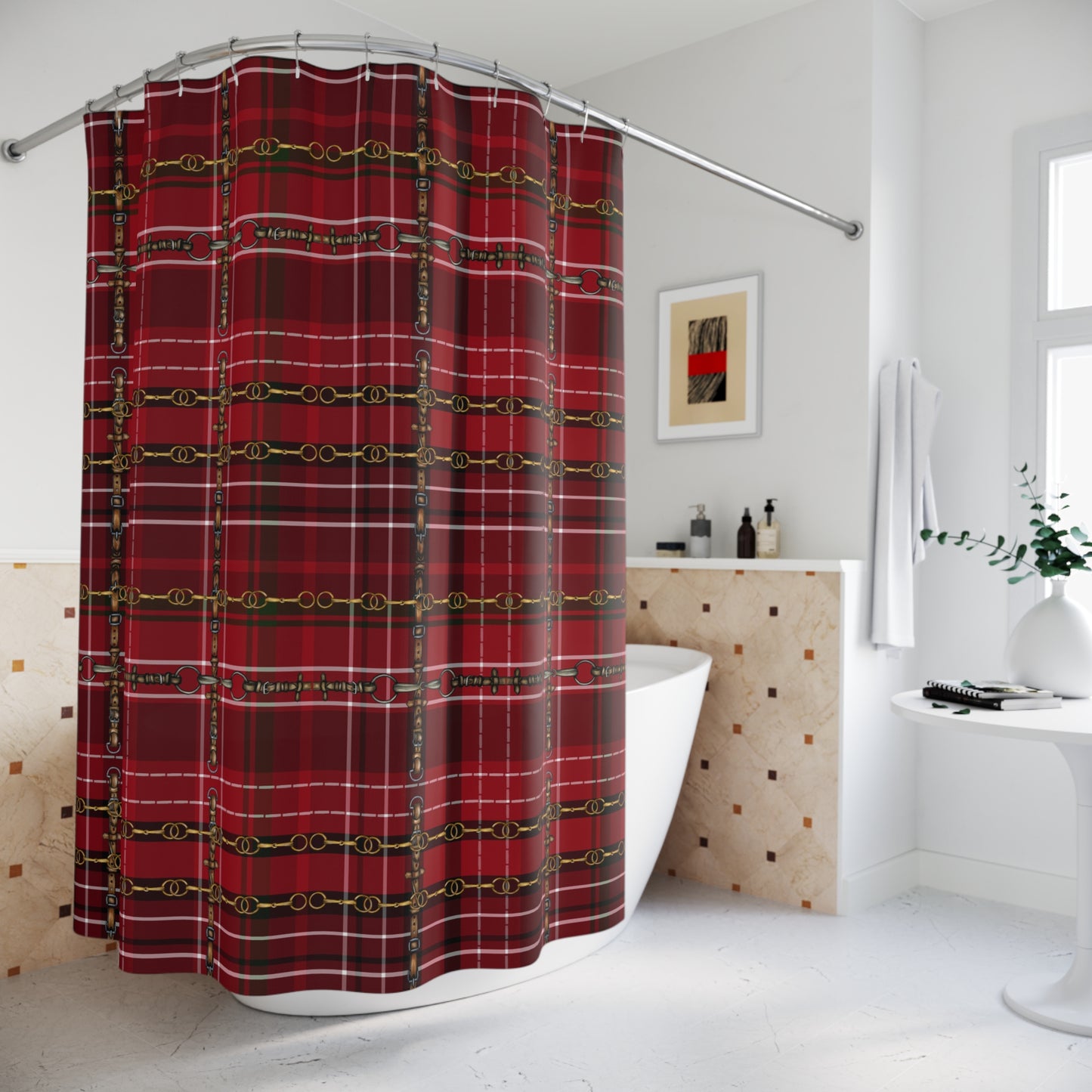 Christmas Red Plaid and Snaffle bit and stirrup pattern Polyester Shower Curtain. My original equestrian art work printed on a shower curtain.