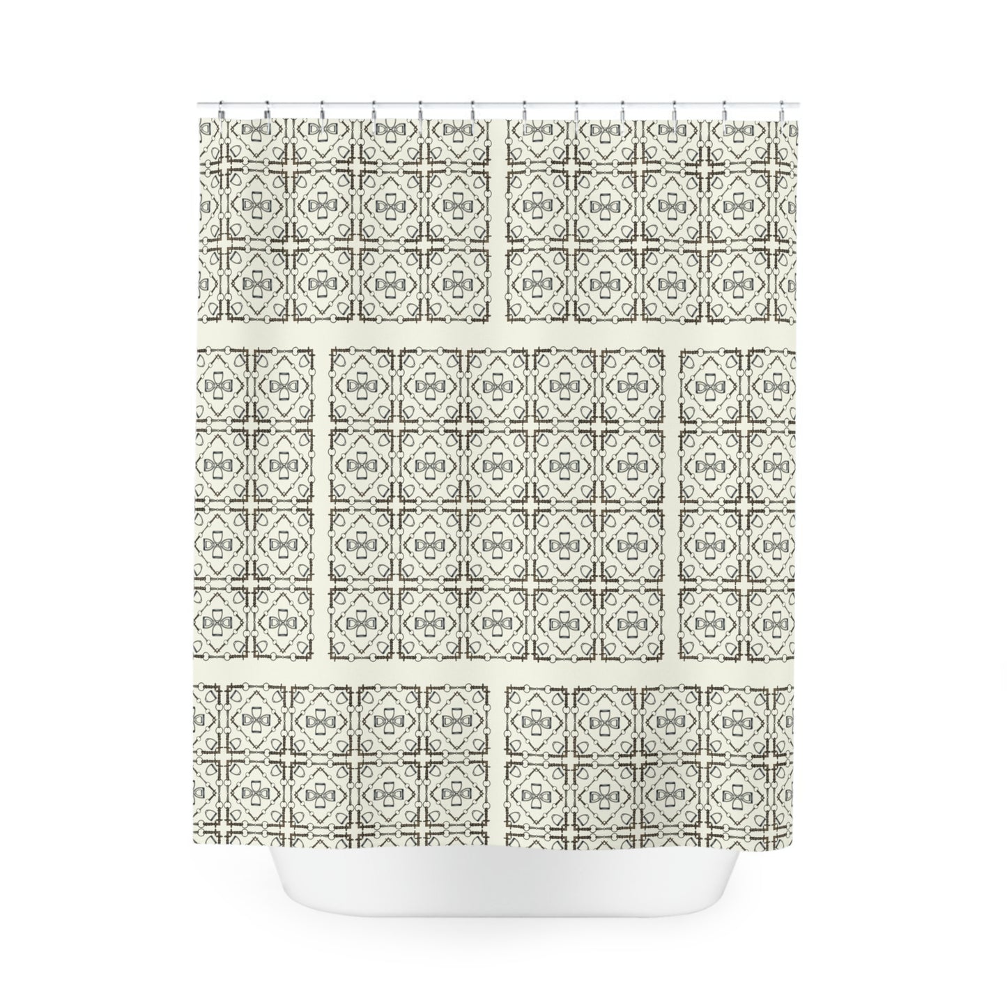Ivory Snaffle bit and stirrup pattern Polyester Shower Curtain. My original equestrian art work printed on a shower curtain.
