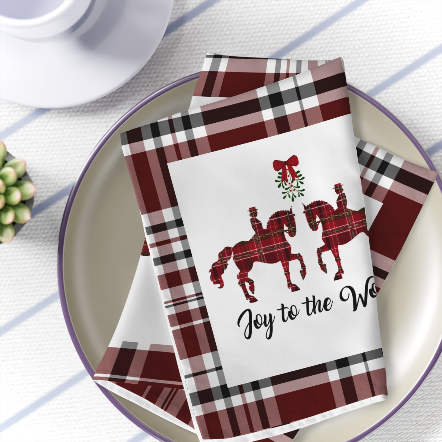 Joy to the World Christmas Plaid Set of 4 Napkins