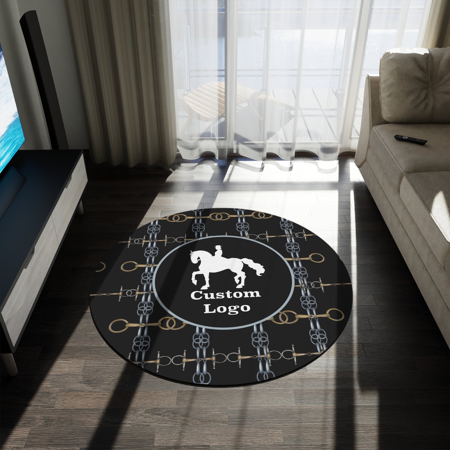 Customizable Black Minimalistic Equestrian Bit Round Rug