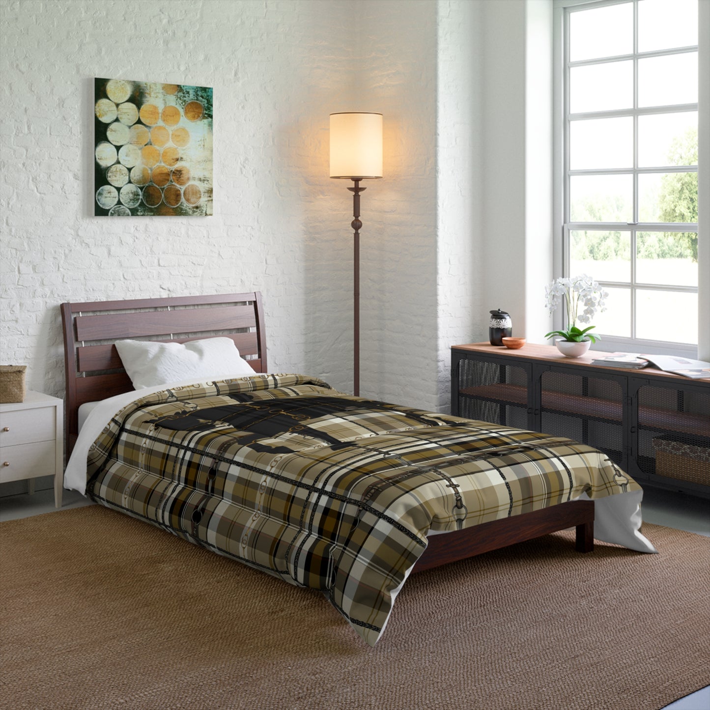 Dressage Piaffe Snaffle Bit Motif over Plaid Art Comforter. Equestrian Bit and Reins art Comforter