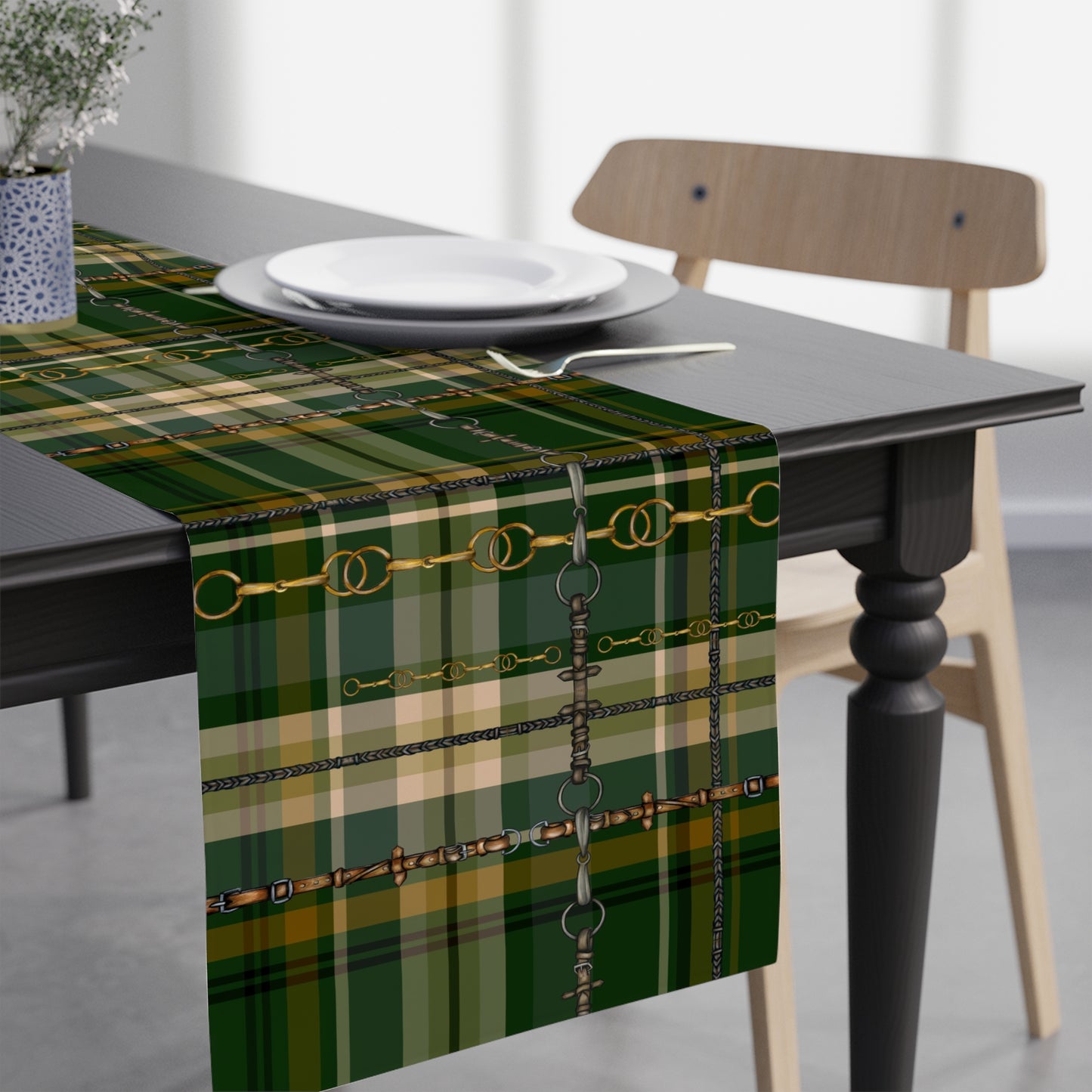 Hunter Green Plaid Bit overlay Motif Table Runner copyright Pending