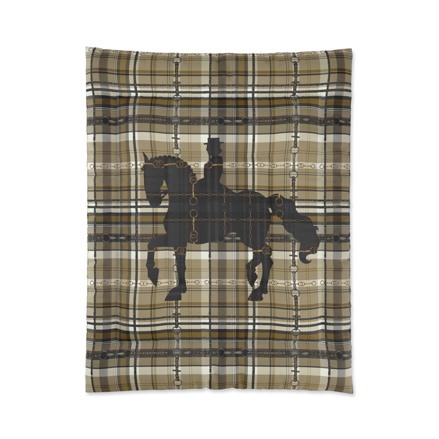 Dressage Piaffe Snaffle Bit Motif over Plaid Art Comforter. Equestrian Bit and Reins art Comforter