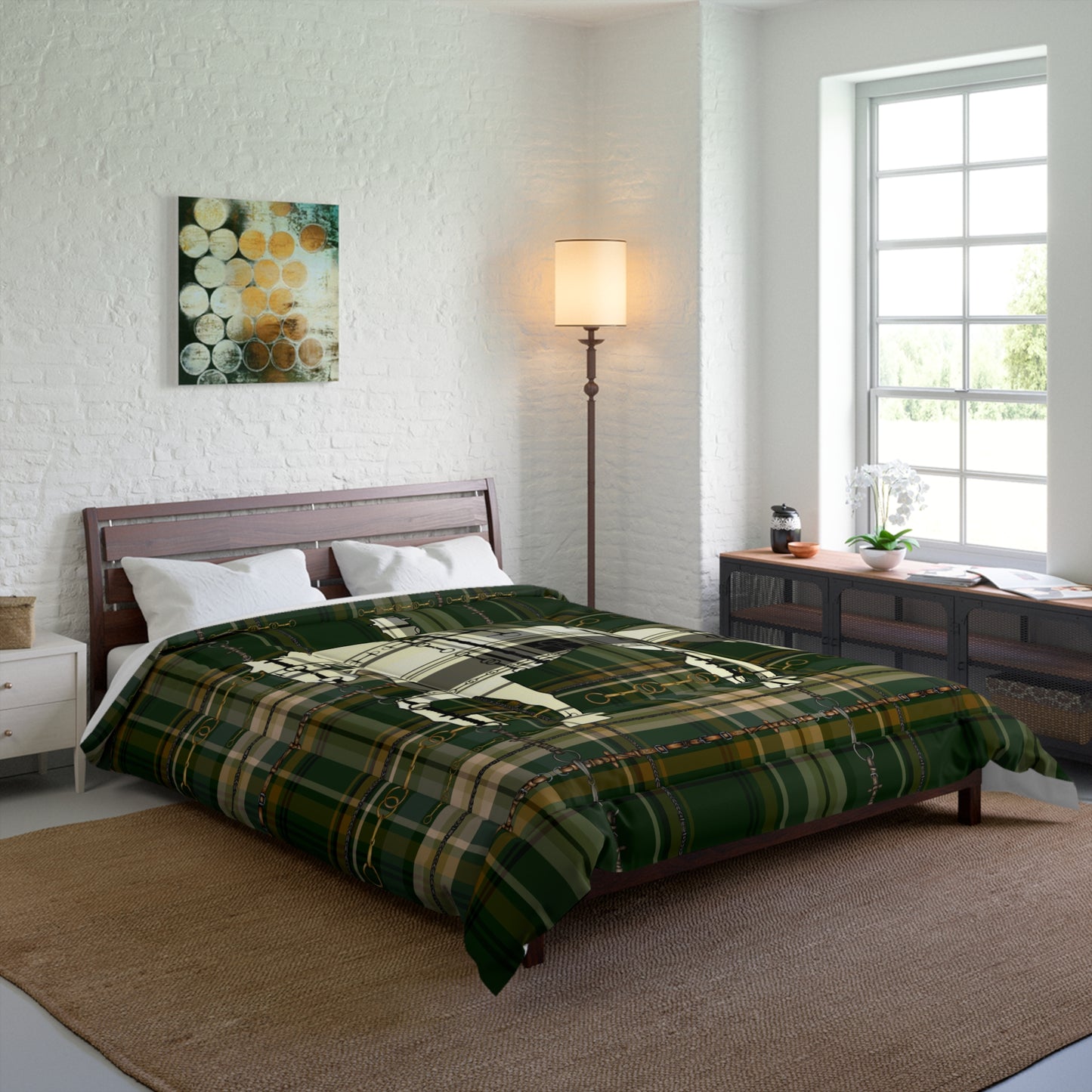 Dressage Snaffle Bit Motif over Plaid Art Comforter. Equestrian Bit and Reins art Comforter