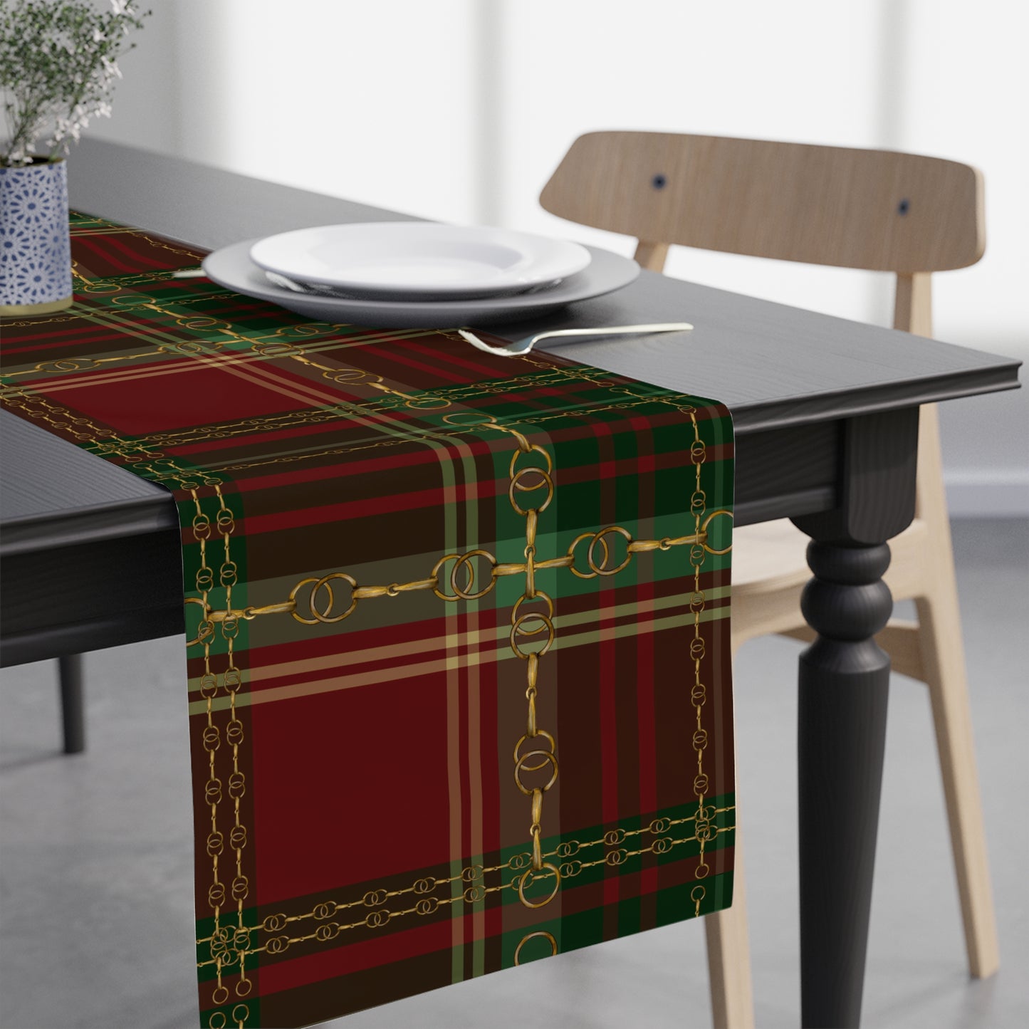 Equestrian Christmas Red Green plaid with Gold Bit design artwork overlay Motif Table Runner Trademark Pending
