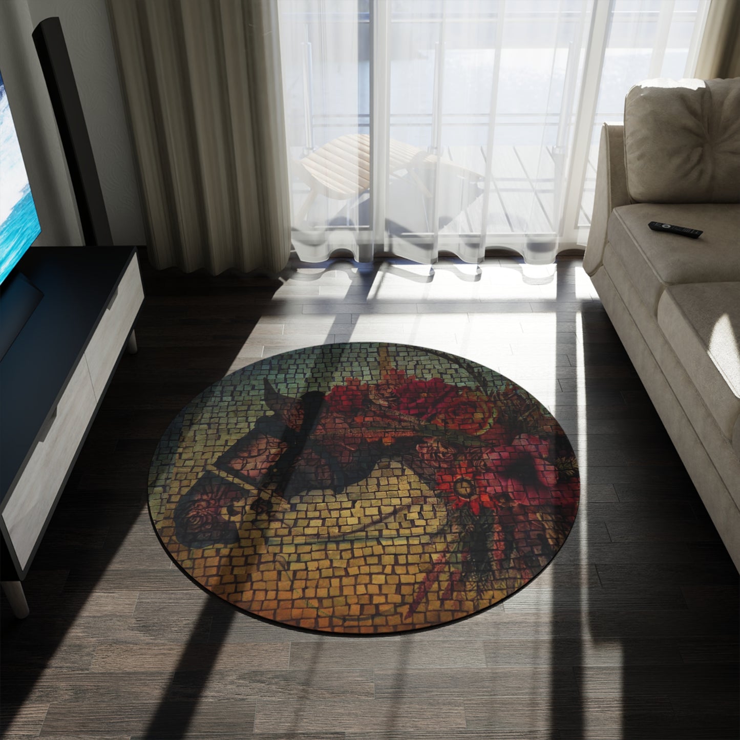 Horse and Flower Mosaic Artistic Equestrian Expression Round Rug