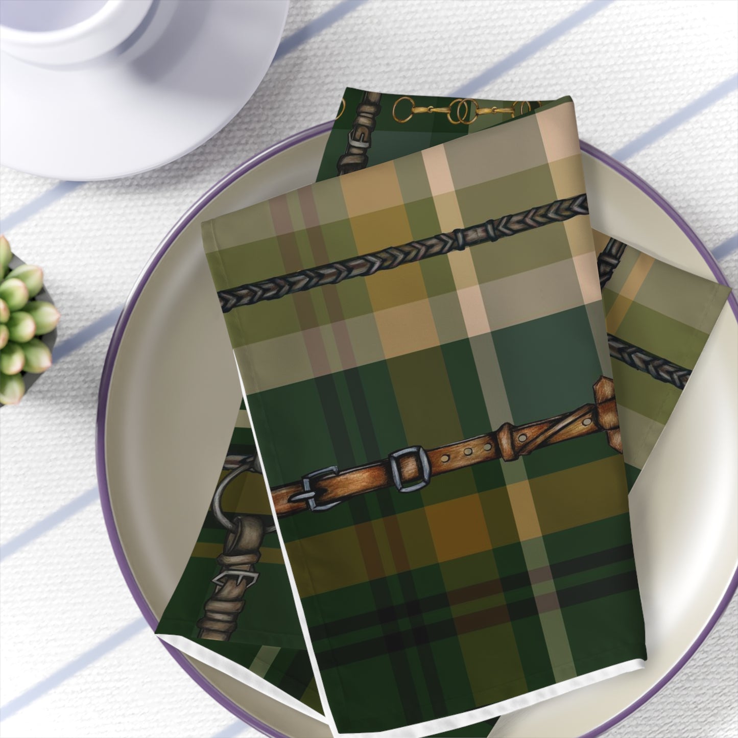 Fox and Hound Hunter Green Plaid with silver Bits and Reins Artwork Rustic Christmas Napkins (Set of 4)