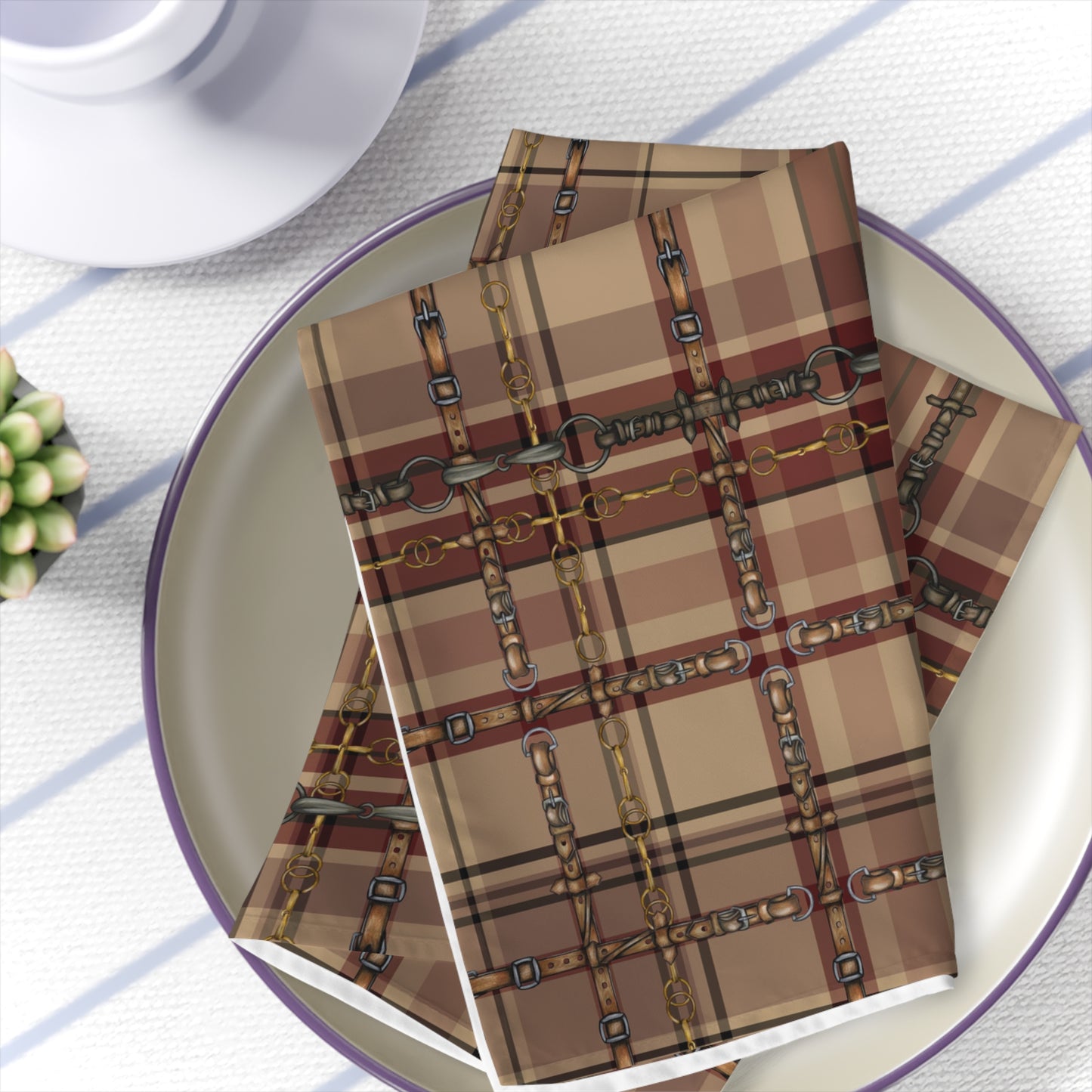 Country Red Tan Equestrian Plaid with Bits , Reins and Straps My Artwork Napkins (Set of 4) matching Runner Available