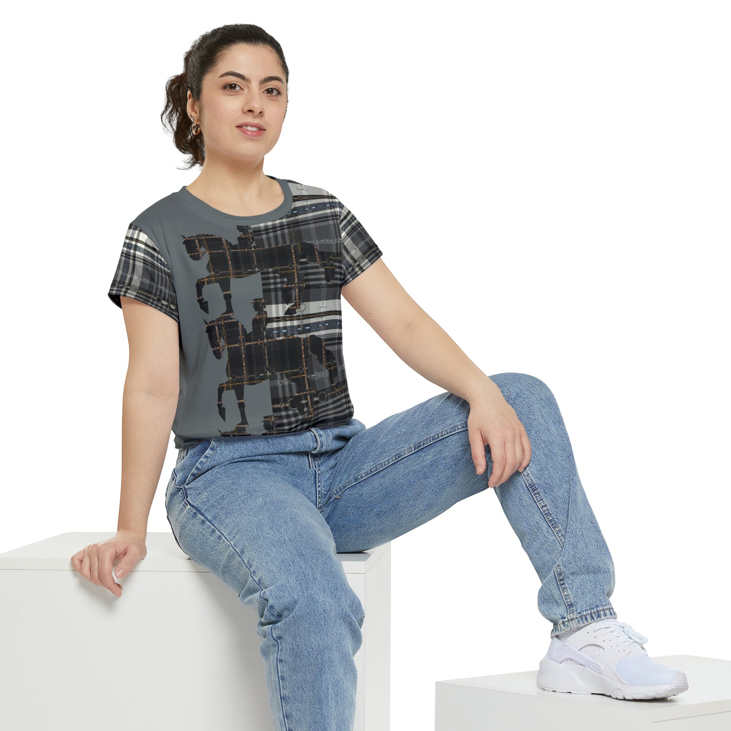 Dressage Piaffe PLAID art Women's Short Sleeve Shirt (AOP)
