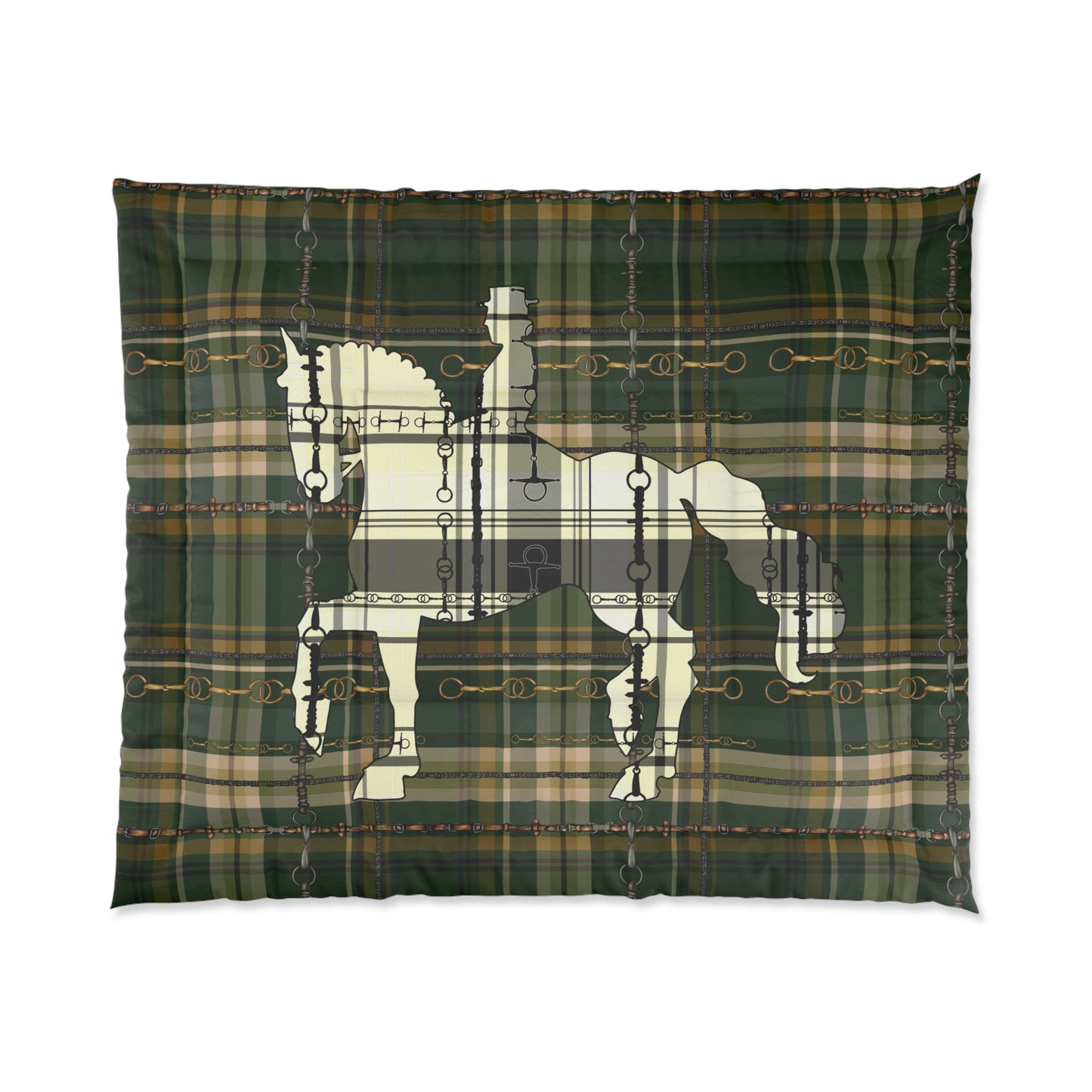 Dressage Snaffle Bit Motif over Plaid Art Comforter. Equestrian Bit and Reins art Comforter