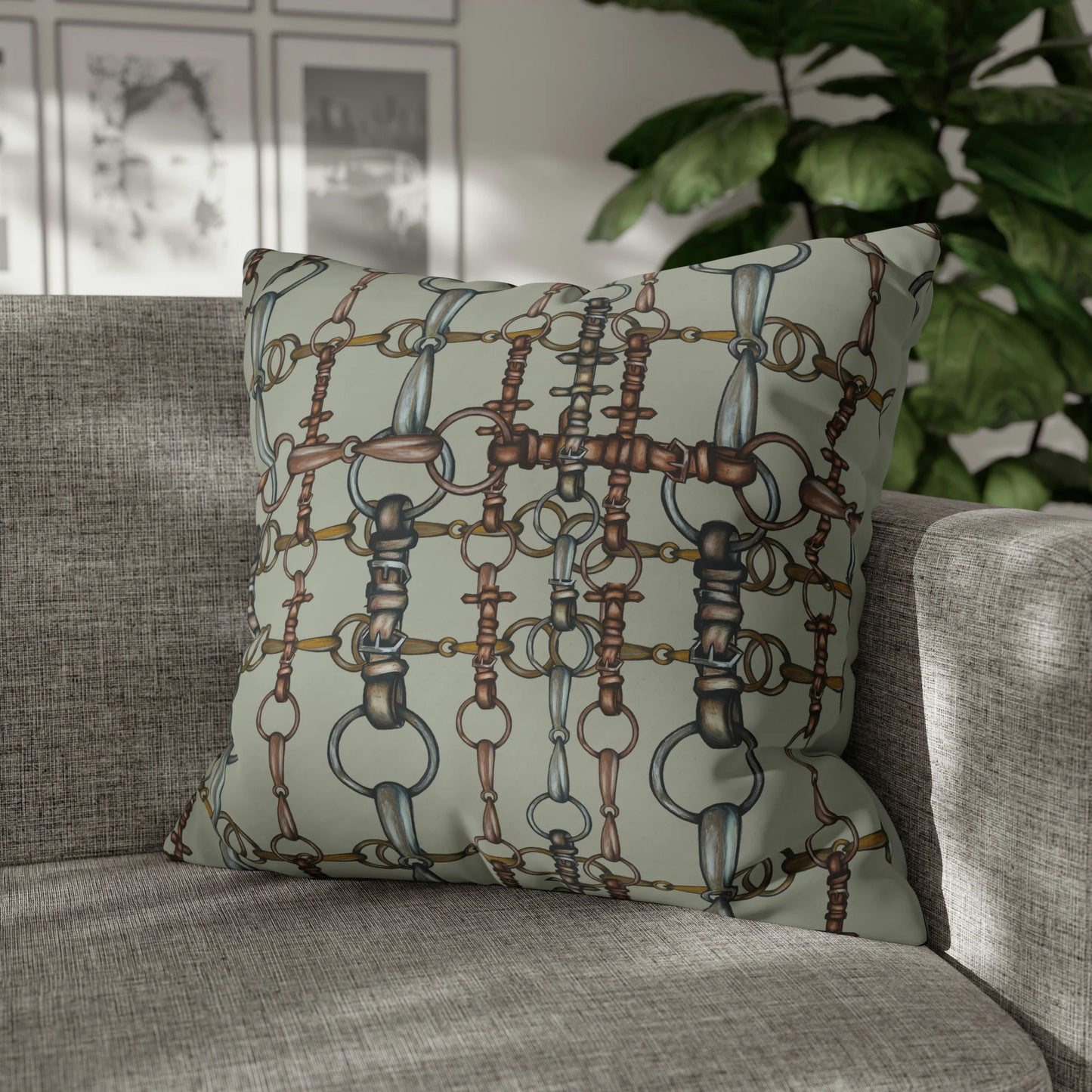 Sage Green Double Sided Equestrian Chaos Bit Pillow Case