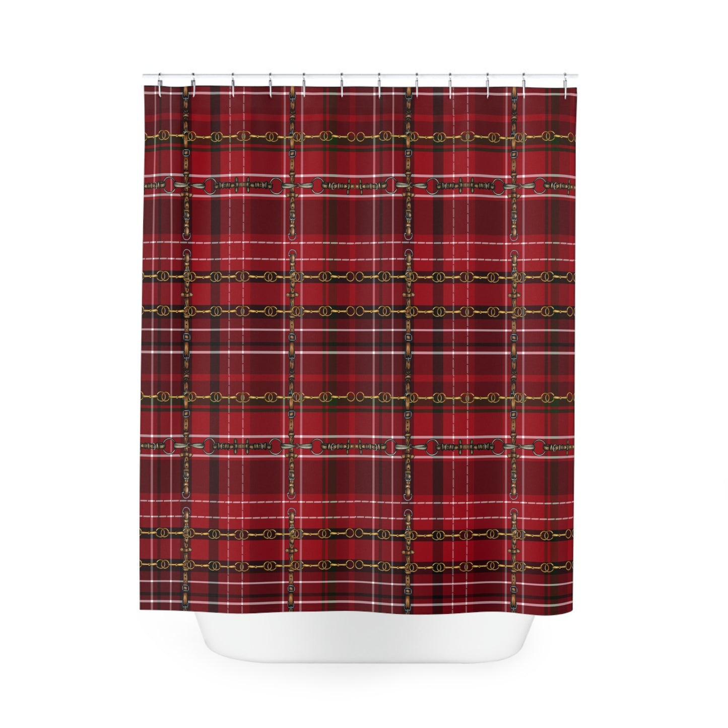 Christmas Red Plaid and Snaffle bit and stirrup pattern Polyester Shower Curtain. My original equestrian art work printed on a shower curtain.