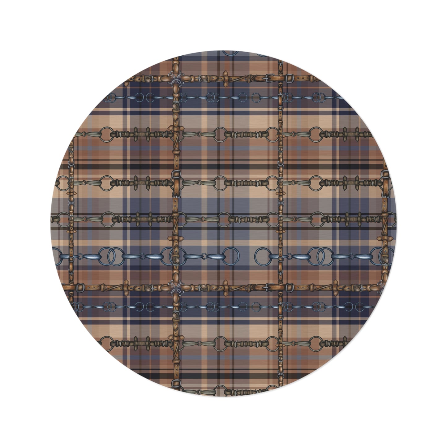Blue Plaid Equestrian Art Round Rug. Original Art Rug. Show Stall Rug Home Decor