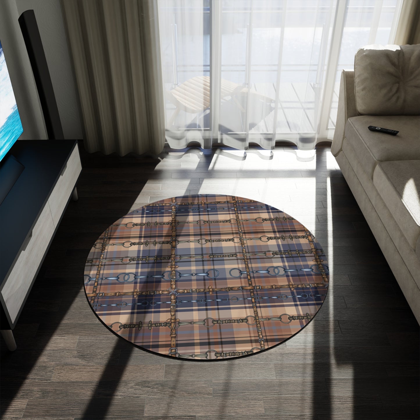 Blue Plaid Equestrian Art Round Rug. Original Art Rug. Show Stall Rug Home Decor