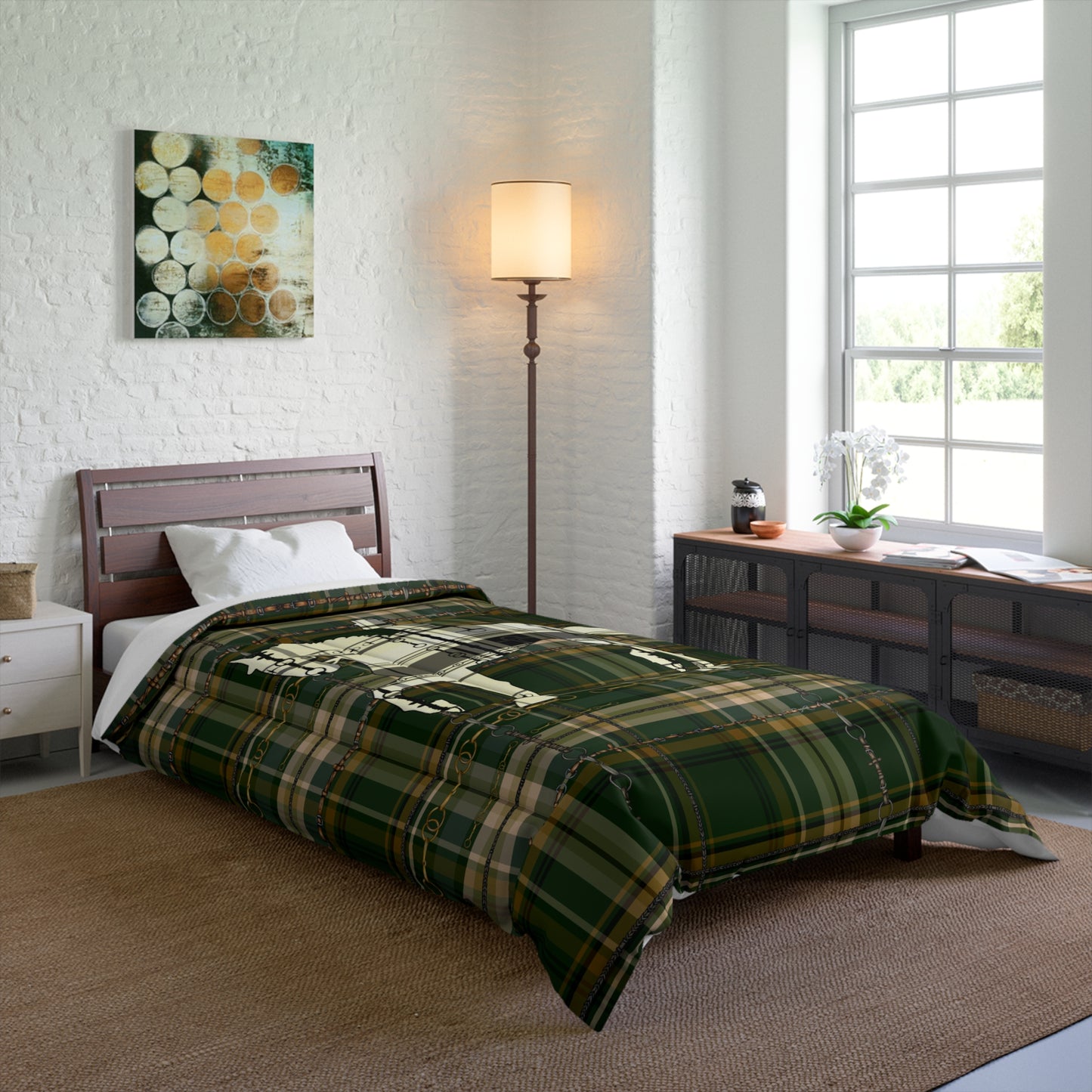 Dressage Snaffle Bit Motif over Plaid Art Comforter. Equestrian Bit and Reins art Comforter