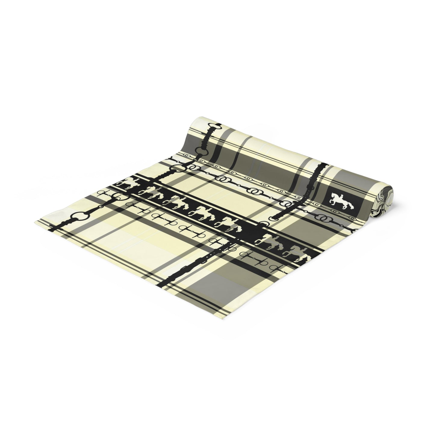 Cream Black Ivory Dressage and Snaffle Bit Plaid and Bit Motif Table Runner