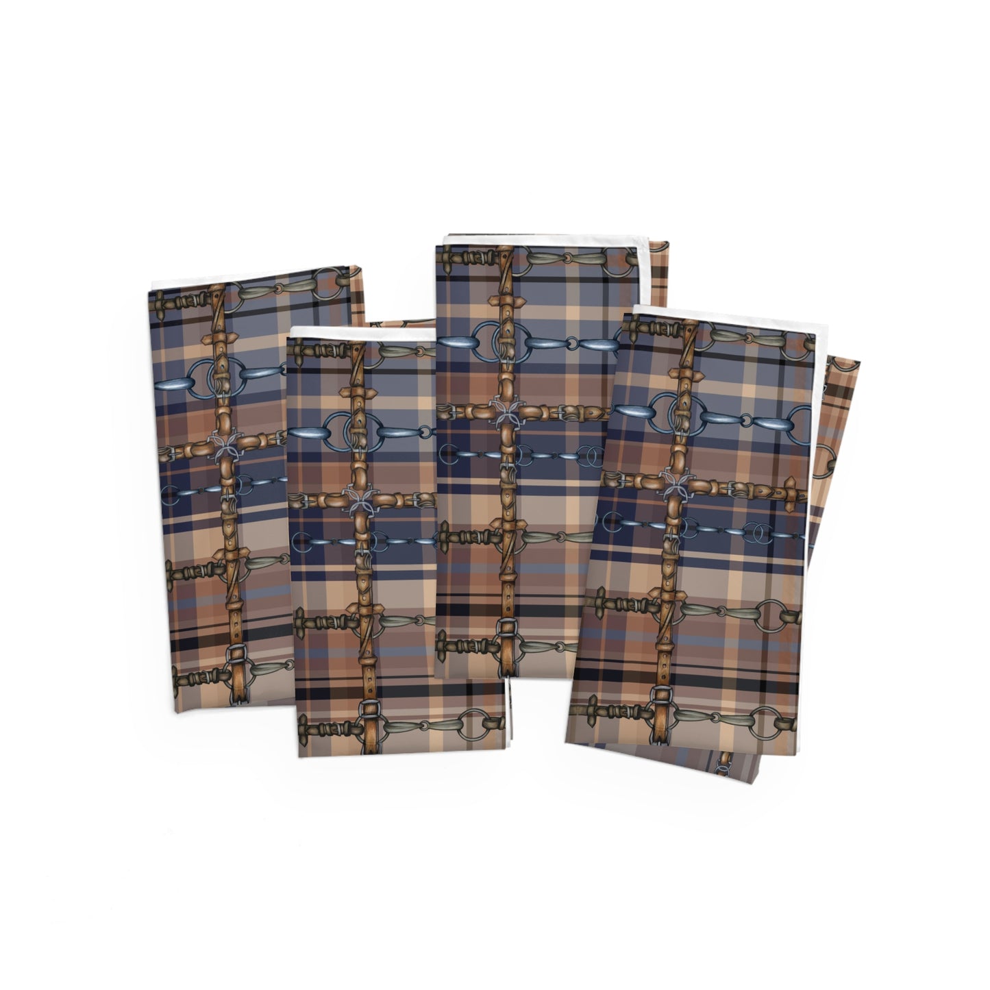 Tan and Blue Plaid with silver Bits and Reins Artwork overlay Napkins (Set of 4) matching Runner available