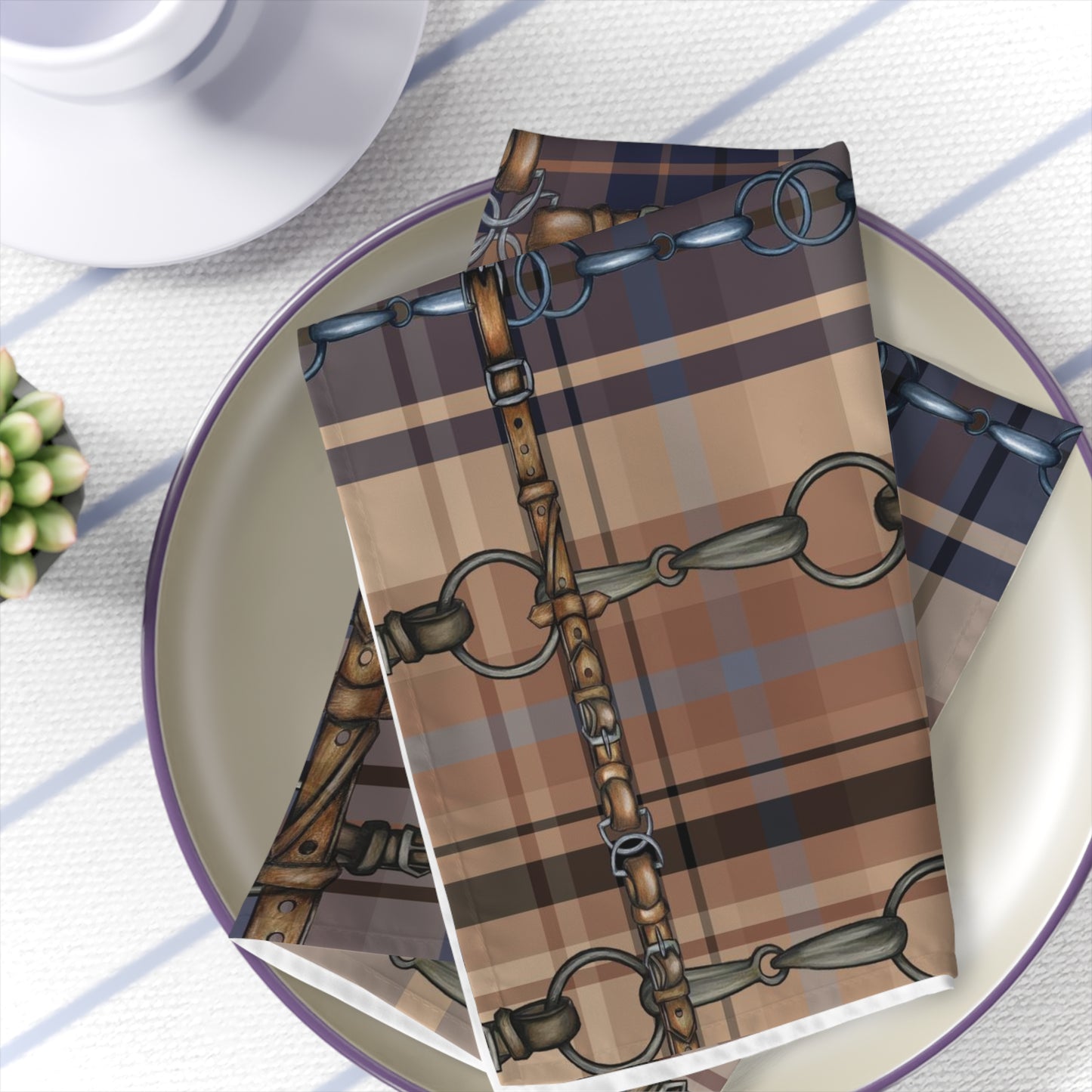 Tan and Blue Plaid with silver Bits and Reins Artwork overlay Napkins (Set of 4)