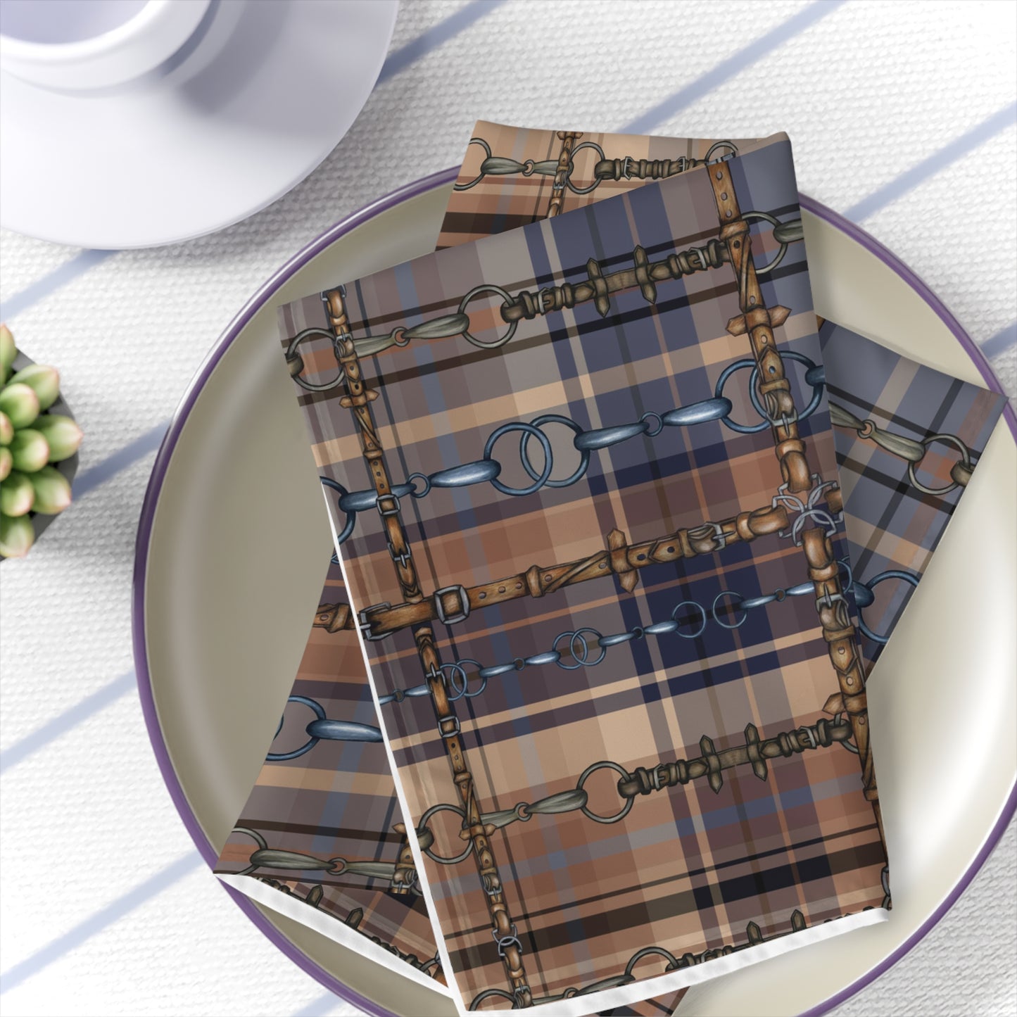Tan and Blue Plaid with silver Bits and Reins Artwork overlay Napkins (Set of 4) matching Runner available
