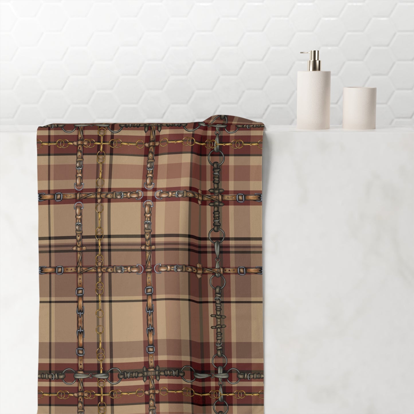 country Christmas Plaid and Bit And Reins Design . My artwork on Plaid Horse Luxury Bath Towel