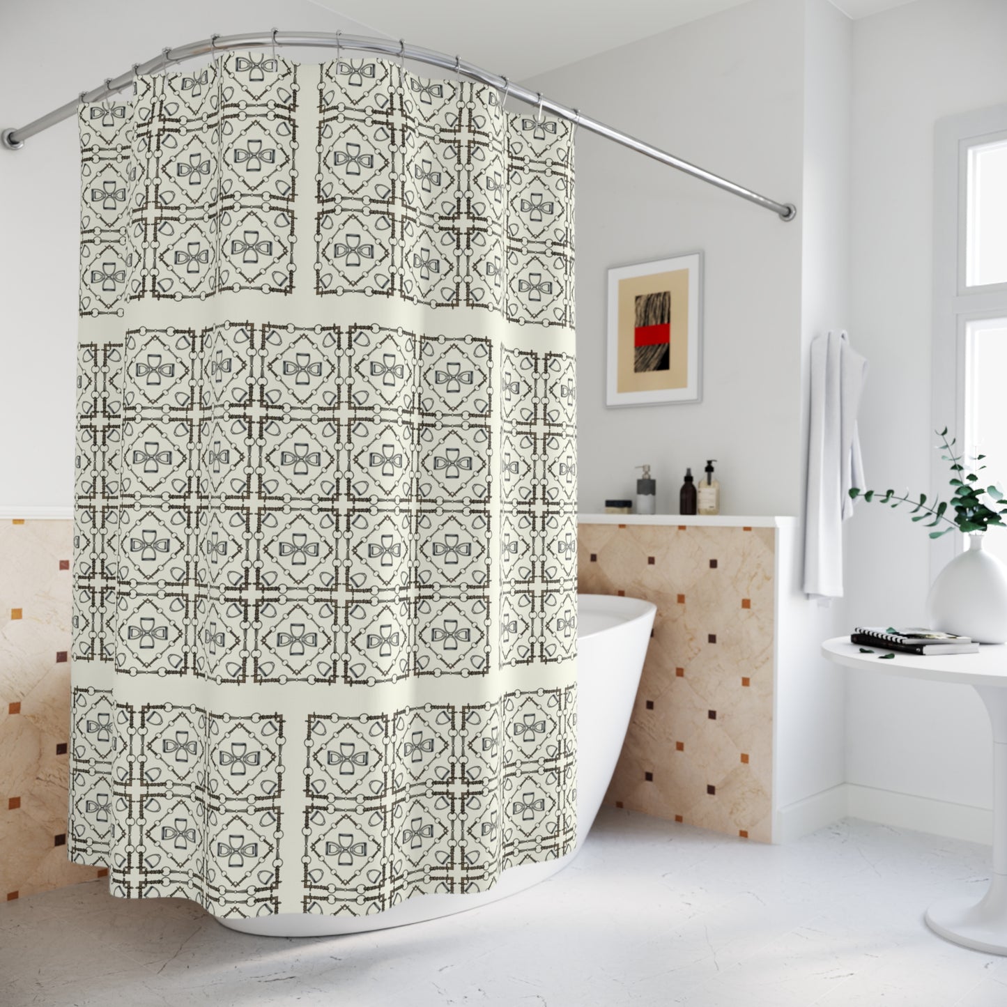 Ivory Snaffle bit and stirrup pattern Polyester Shower Curtain. My original equestrian art work printed on a shower curtain.