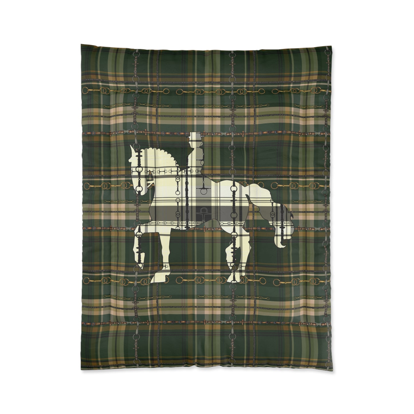 Dressage Snaffle Bit Motif over Plaid Art Comforter. Equestrian Bit and Reins art Comforter