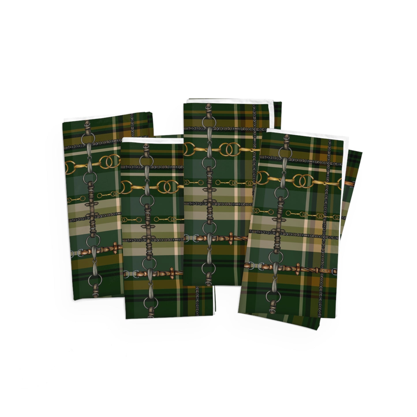 Fox and Hound Hunter Green Plaid with silver Bits and Reins Artwork Rustic Christmas Napkins (Set of 4) matching Runner