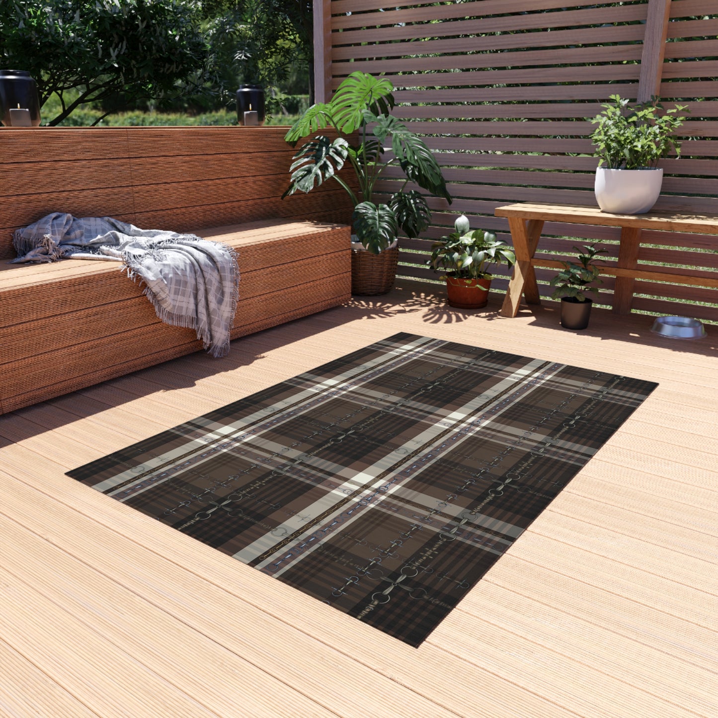 Equestrian plaid and snaffle bit Indoor/Outdoor Rug