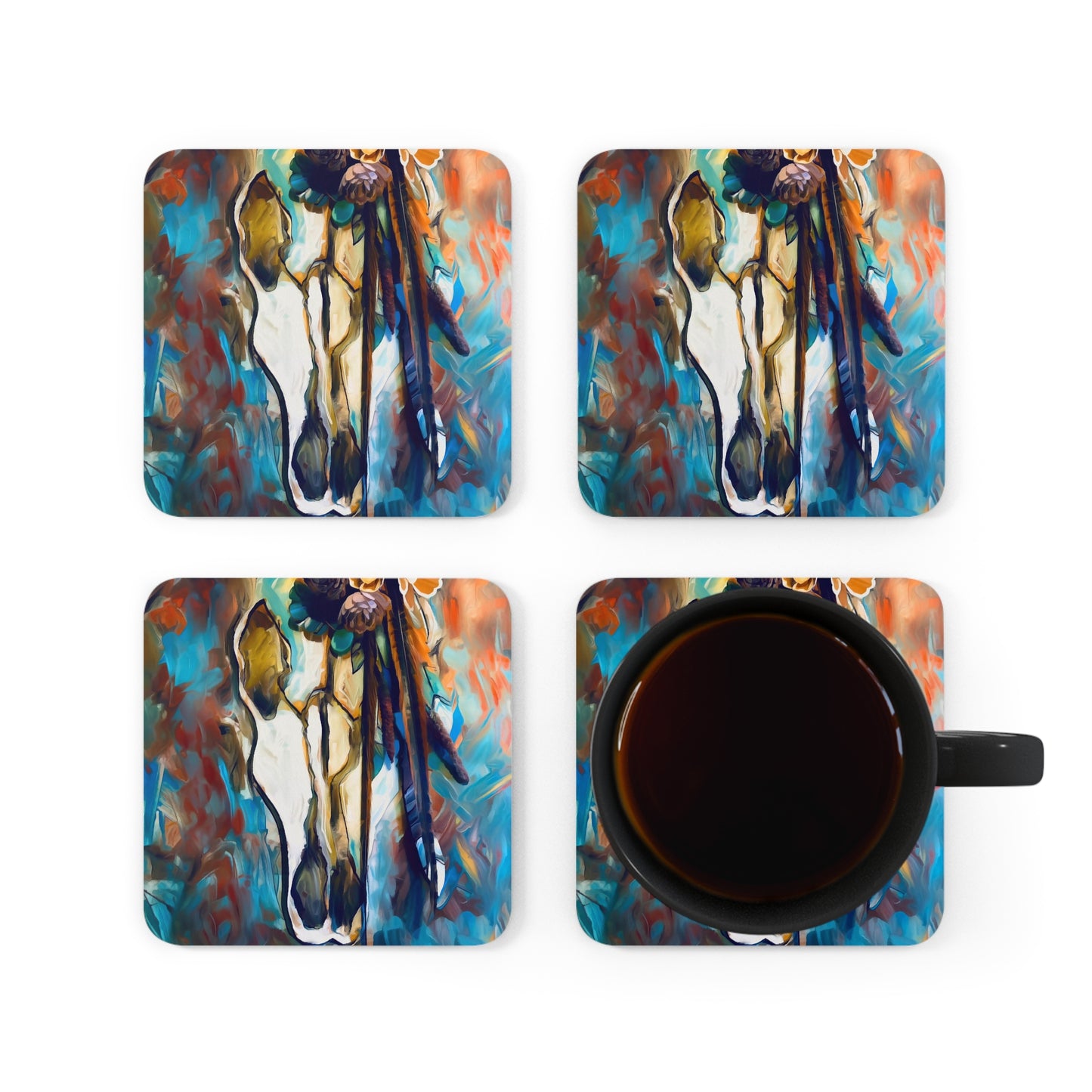 Southwestern skull Corkwood Coaster Set