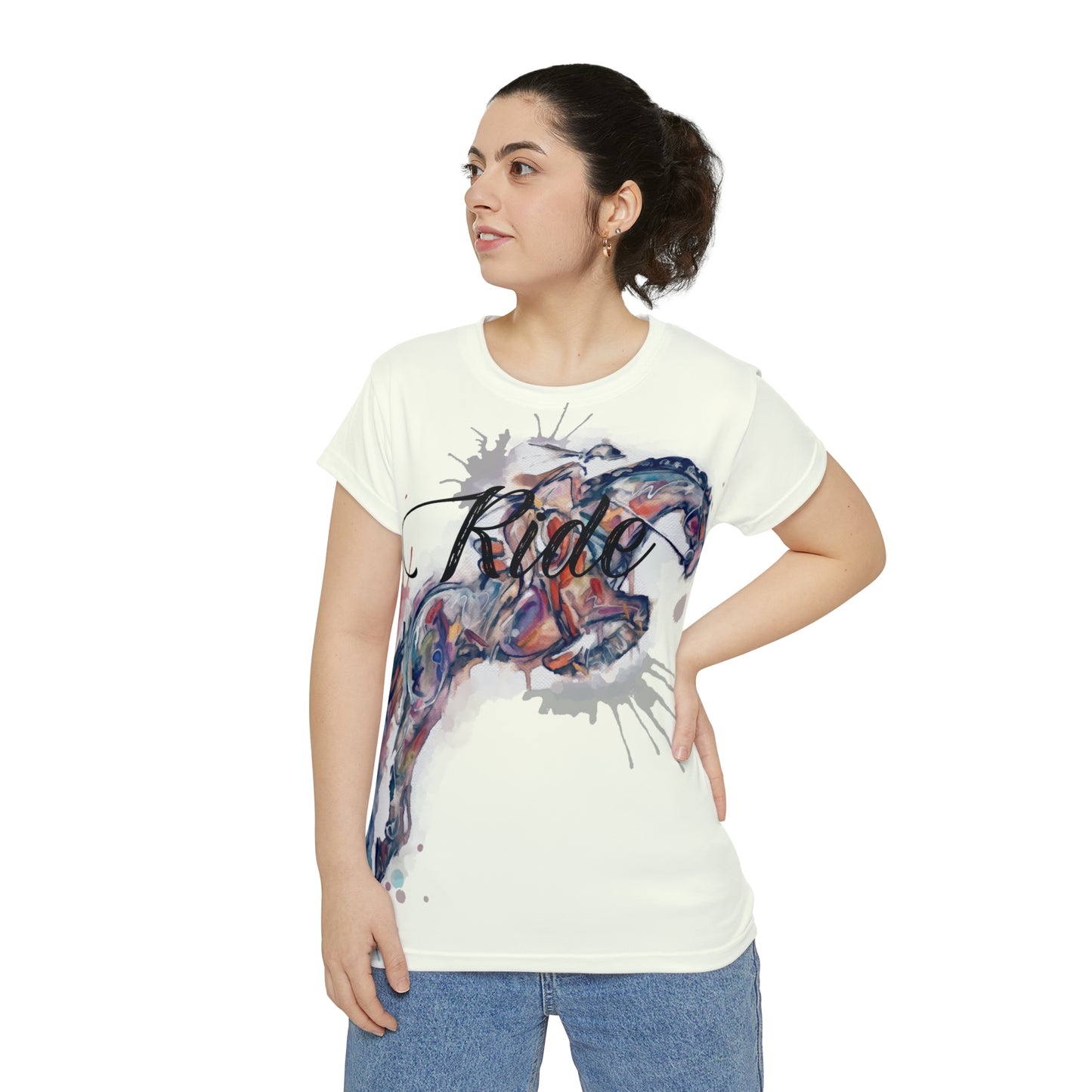 Jumping Horse Watercolor Shoulder-in Women's Short Sleeve Shirt (AOP)