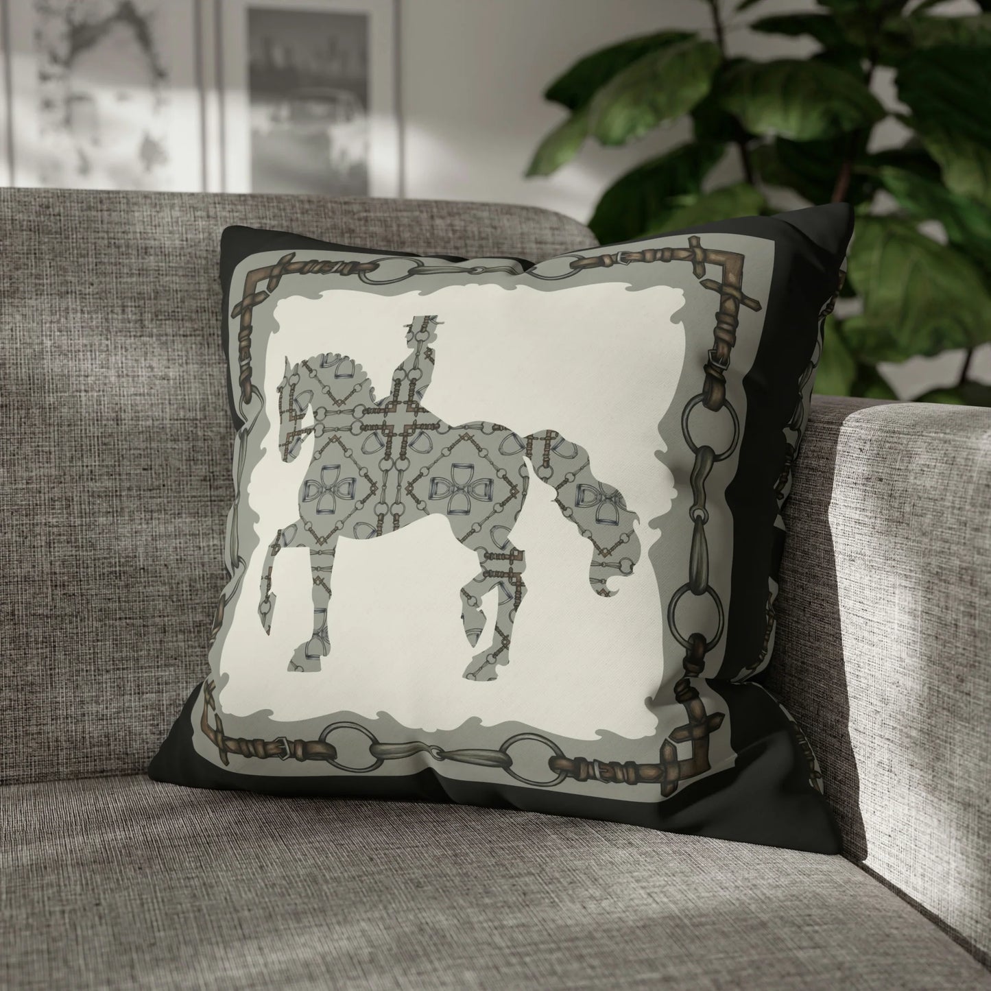 Gray Geometric Double Sided Snaffle Bit and Reins Pattern Polyester Pillowcase (Copy)