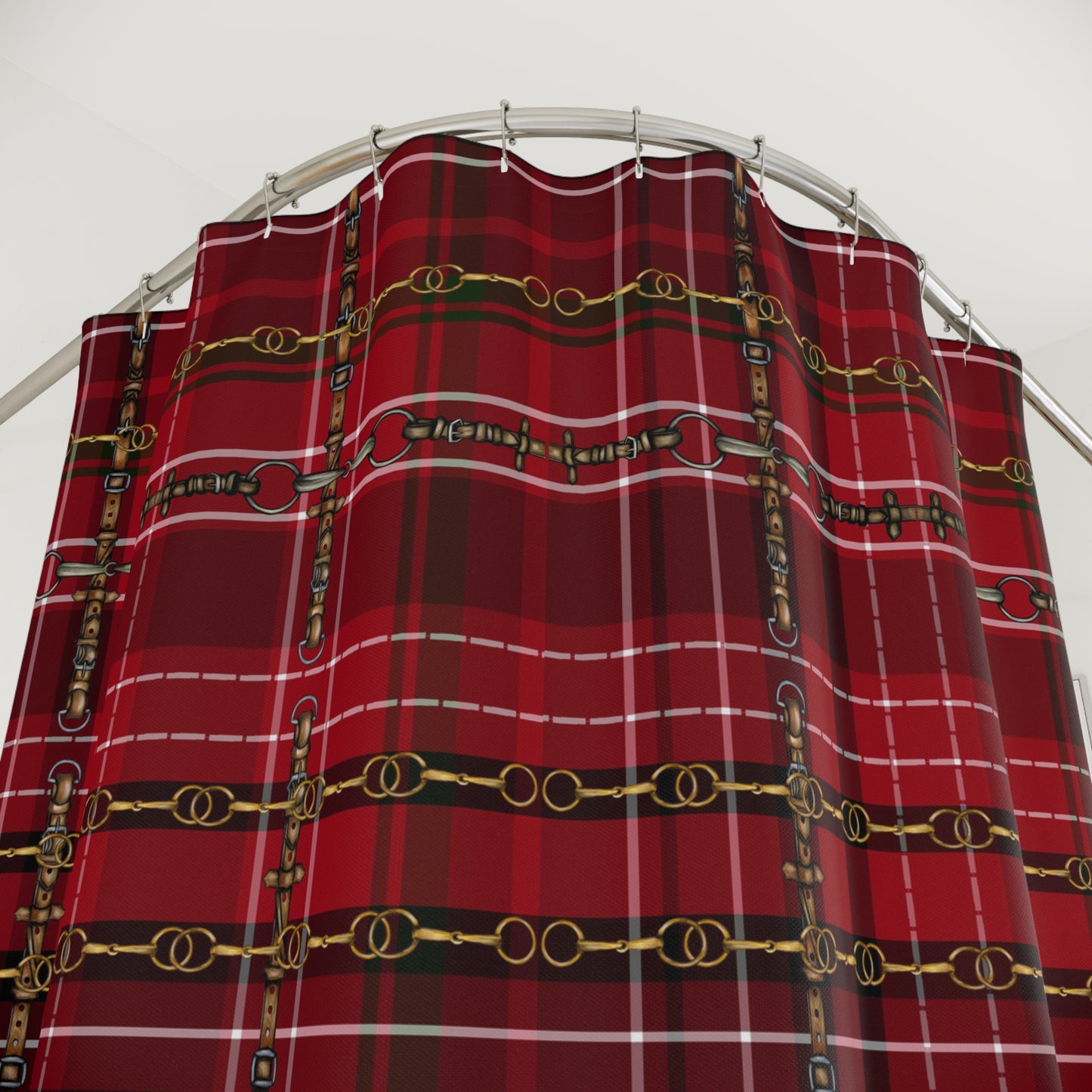 Christmas Red Plaid and Snaffle bit and stirrup pattern Polyester Shower Curtain. My original equestrian art work printed on a shower curtain.