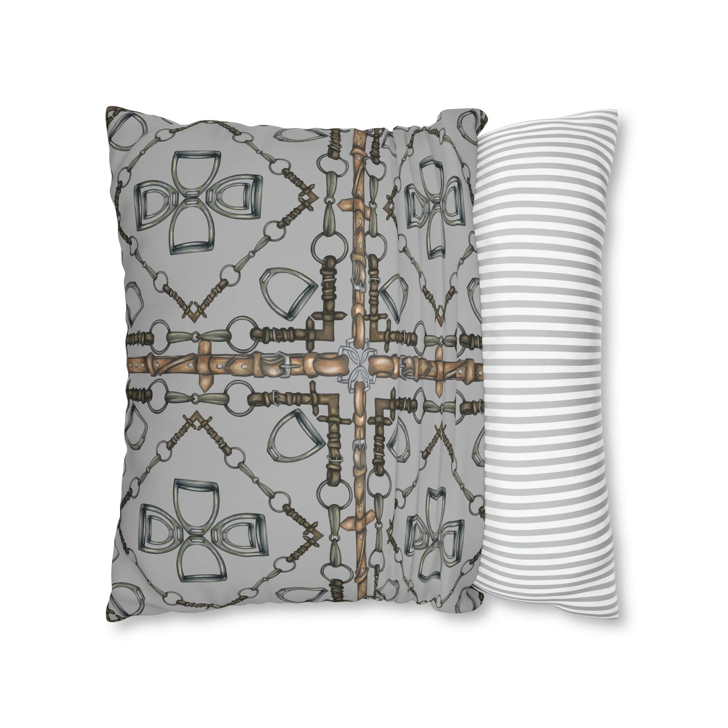 Gray Geometric Double Sided Snaffle Bit and Reins Pattern Polyester Pillowcase