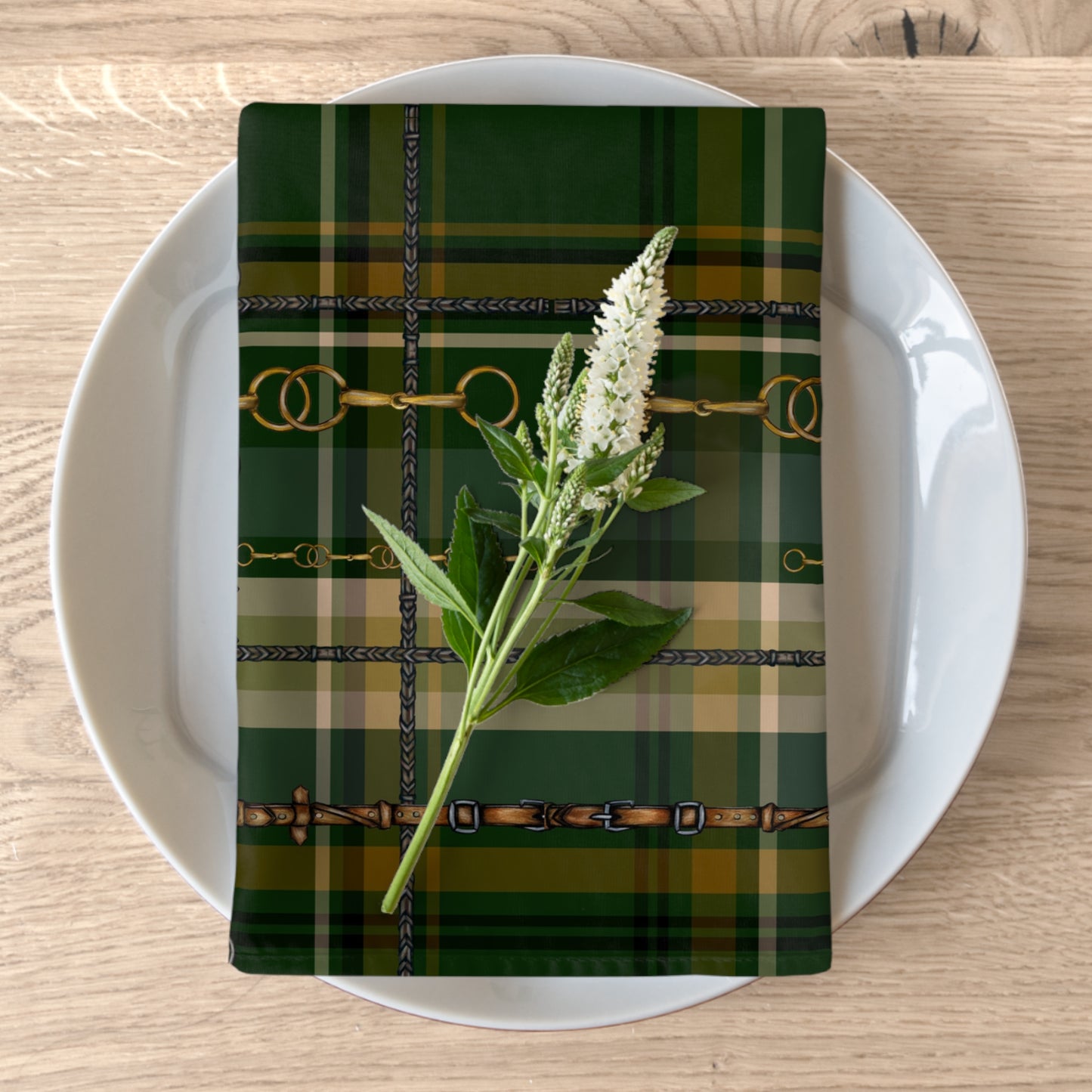 Fox and Hound Hunter Green Plaid with silver Bits and Reins Artwork Rustic Christmas Napkins (Set of 4) matching Runner