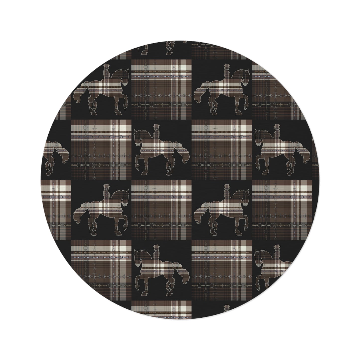 Brown Dressage snaffle bit Plaid Equestrian Art Round Rug. Original Art Rug. Show Stall Rug Home Decor