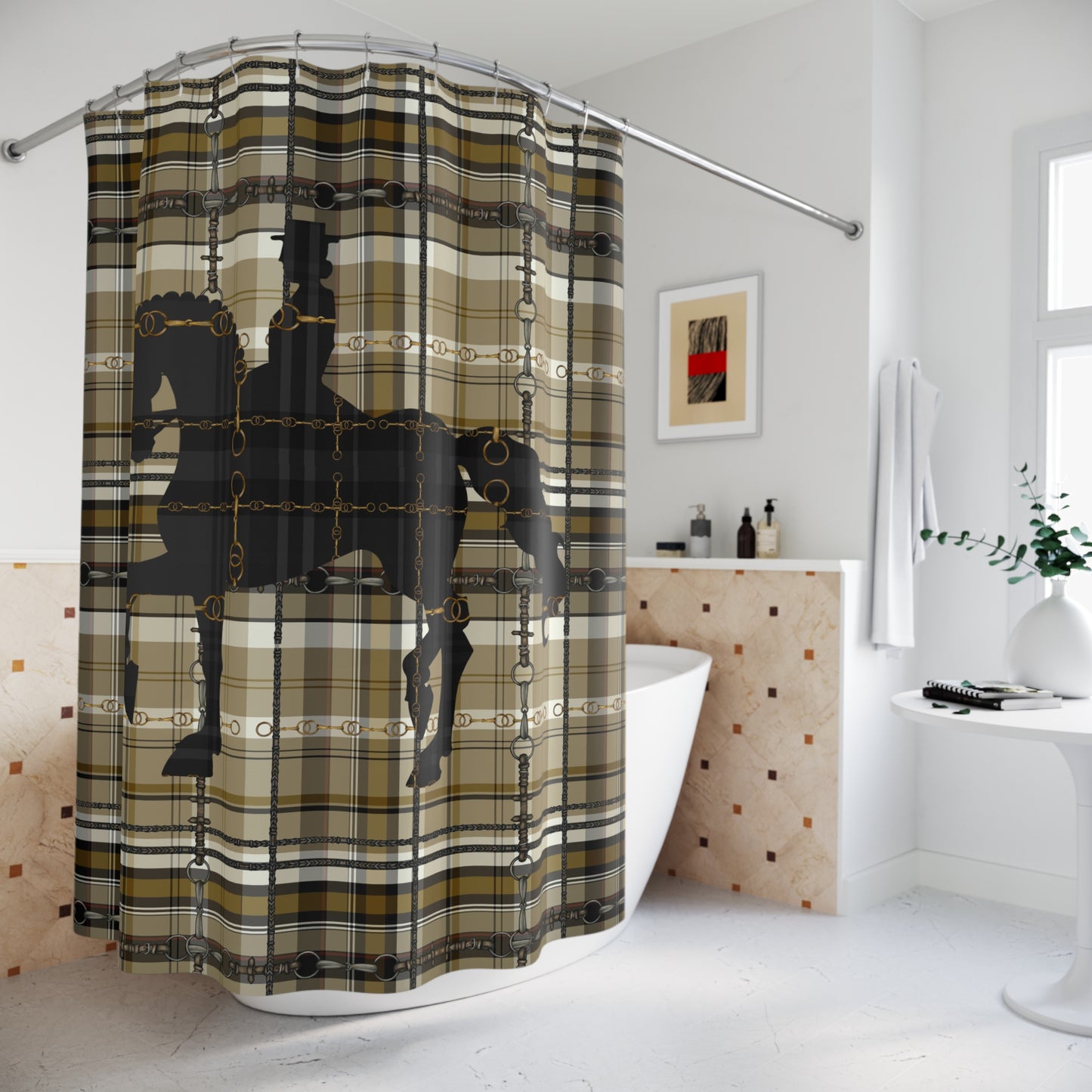 Dressage Plaid and Snaffle bit and stirrup pattern Polyester Shower Curtain. My original equestrian art work printed on a shower curtain.