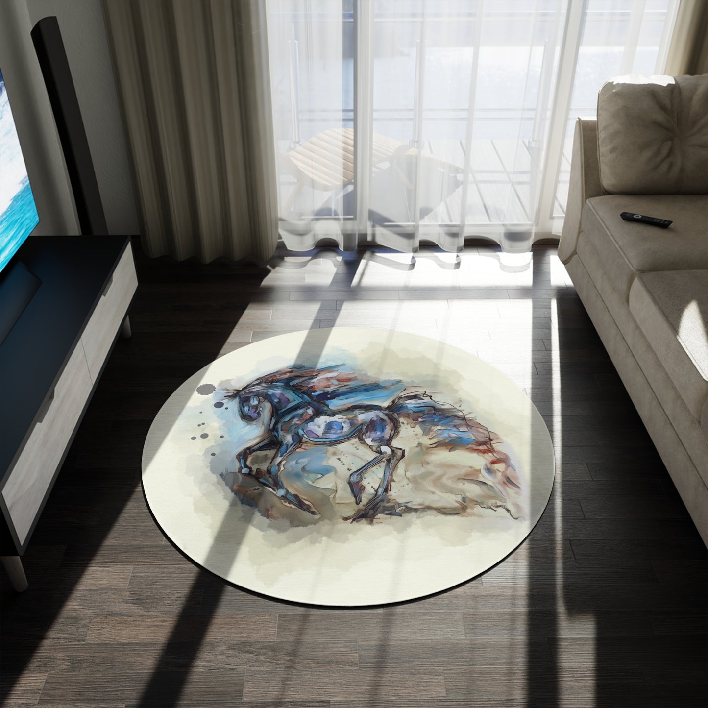 A Running Horse Water Color  Equestrian Art Round Rug. Original Art Rug. Show Stall Rug Home Decor